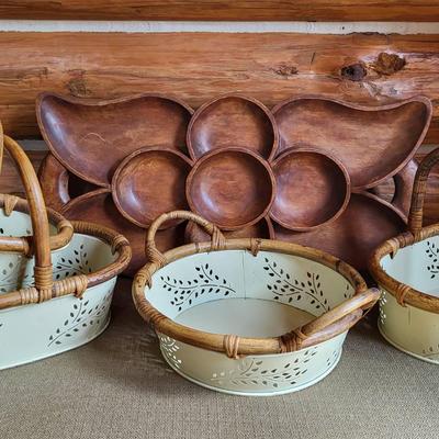 Wood Platter and Metal Baskets