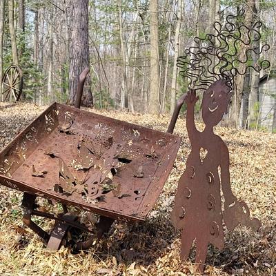 Metal Girl and Wheelbarrow Yard Art