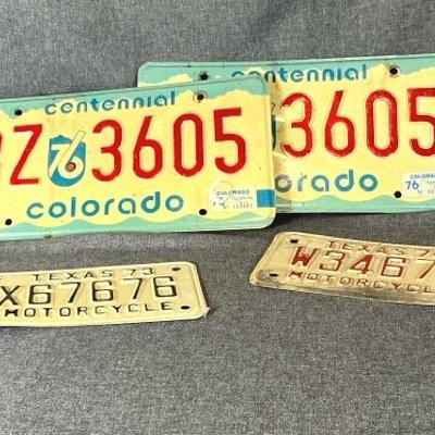 Vintage 1976 Colorado License Plates And 1973 & 1974 Texas Motorcycle License Plates 