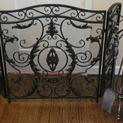 Iron Fireplace Screen & Set Of Fire Irons