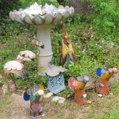 Bird Bath And Metal Yard Decor 