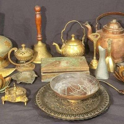 Eclectic Collection of Vintage Brass, Copper & Mixed Metal Decor – Teapots, Bells & Incense Burners