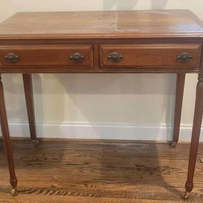 Vintage Two-Drawer Wood Writing Table on Brass Casters