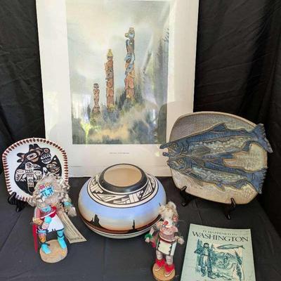 N. West/S. West: Trout On Blue Spruce Pottery, Hopi Kachina Dolls, Navajo Pot, Plate By Lambert 