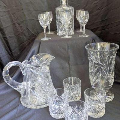 Crystal Decanter With Waterford Stemware, Pitcher & High Ball Glasses, And Vase