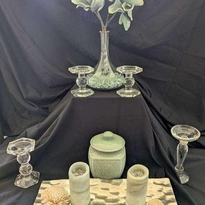 Celedon Ginger Jar, Glass Vase w/Flowers, Silver Tone Tray & Candle Holders 