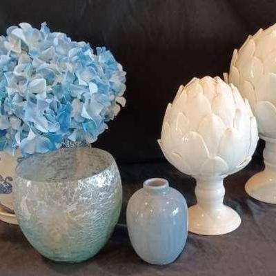 Two's Company Porcelain Artichokes (2) and An Asain Porcelain Planter With Faux Hydrangeas  