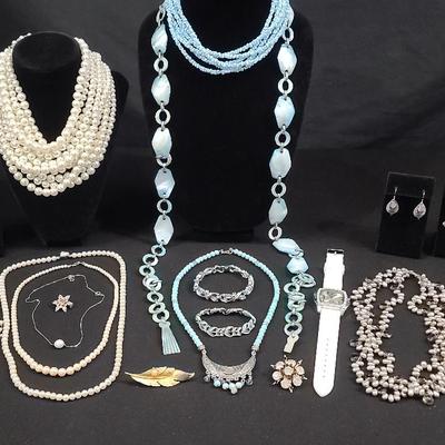 Antique Belt, Sterling Necklaces with Pearl, Rhinestone, and Beaded Jewelry 