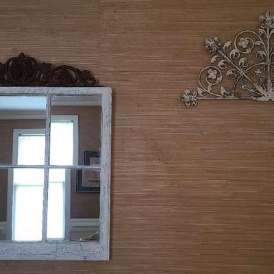 Window Frame Mirror And Metal Wall Decor