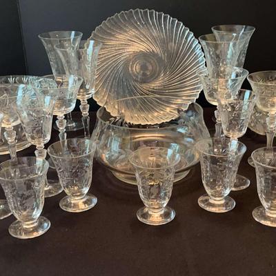 Fabulous Collection Of Vintage Glasses With Matching Fruit Bowl