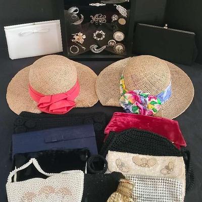 Shadow Box With Brooches, Hats, And Clutch Purses