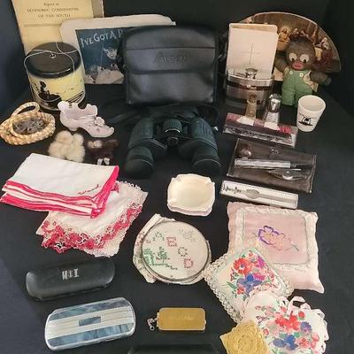 Vintage Collectibles: Eyeglasses, Handkerchiefs, Flask, And More