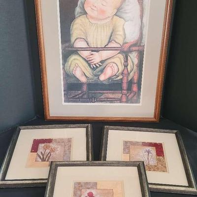 "Baby In Red Chair" 19th Century Print With Floral Prints