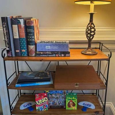 Shelf With Vintage Cookbooks, Lamp, Greeting Cards, And More