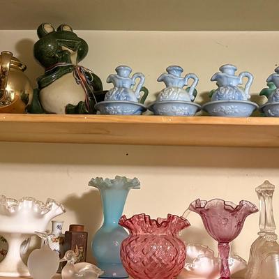 Two Shelves Of Decorative Colored Glass-Avon, Fenton, Milk Glass