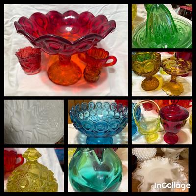 Collection Of Vintage Colored Glass-Bowls, Dishes, Vases