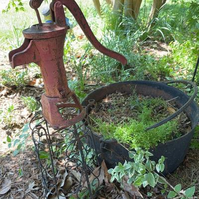Large Vintage Cast Iron Pot & Well Hand Pump