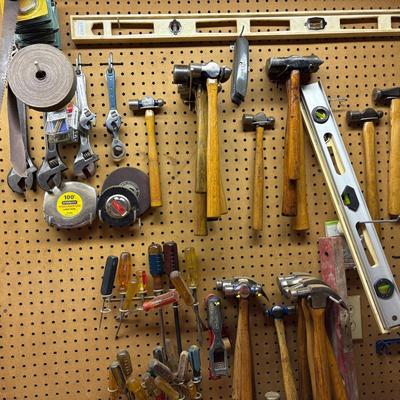 Assorted Ball Peen Hammers, Claw Hammers, Crescent Wrenches, Screw Drivers, Levels 