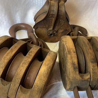 Antique Wooden Block & Tackle Pulleys (3)