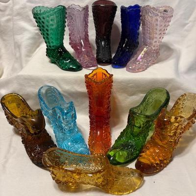 Collection Of Colored Glass Boots & Shoes-Fenton, Daisy & Button, Hobnail