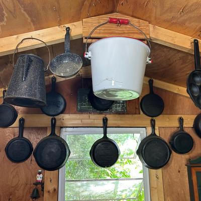 Cast Iron Pans, Enamel Coffee Pot & Ladle, Large Ladle, Enamel Bucket, More