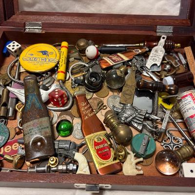 Small Shadow Box Of Vintage Collectibles-Advertisements, Coins, Whistles & More