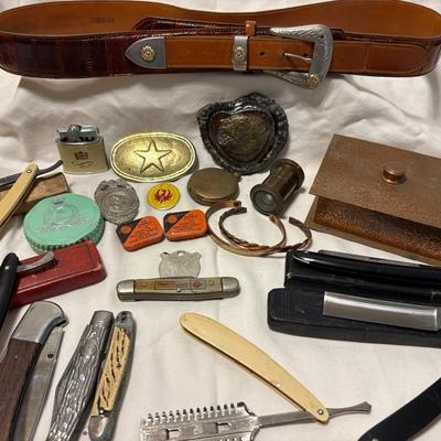 Men’s Dresser Drawer Collectibles-Straight Razors, Pocket Knives, Belt Buckles & More