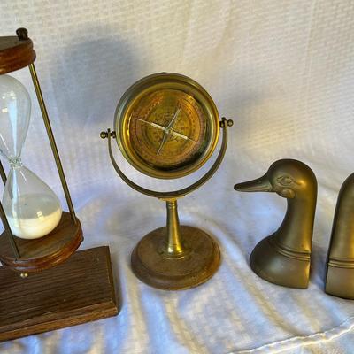 Brass Compass W/ Stand - Hour Glass W/ Stand - Pair Of Brass Bookends 