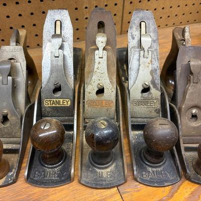 Three Stanley #5 Hand Planers, Two Others