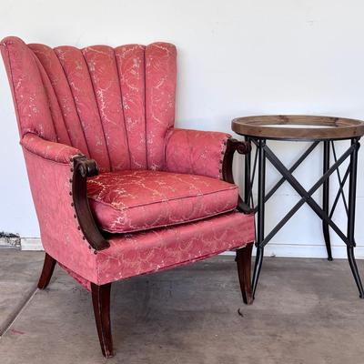 Vintage Rose Damask Wingback Chair and Side Table