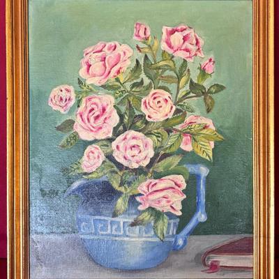 Vintage, Traditional, Still Life, Oil Painting of Pink Roses