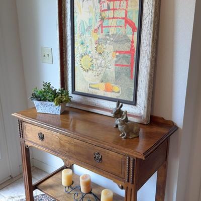 Wood Console Table, Framed Lithograph By Lydia Kemeny, Candle Holder, Rabbits And Faux Succulents