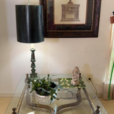 Wood/Glass Coffee Table,Mid-Century Vintage Lamp, Framed Wall Print, Austin Production Girl Statue