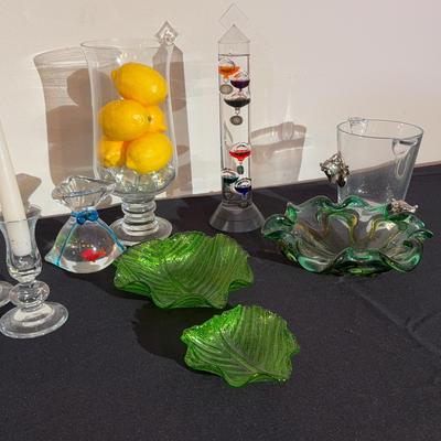 Vintage Blown Glass Green Dish, Art Glass Leaf Bowls Candy Dish, Arthur Court Ice Bucket, Vase