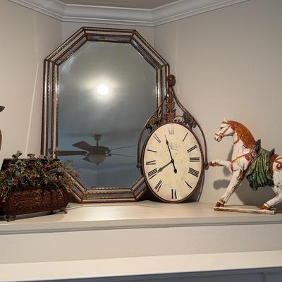 Mantle Decor- Clock, Mirror, Antique Mongolian Horse Statue, Candlesticks And Flower Decor