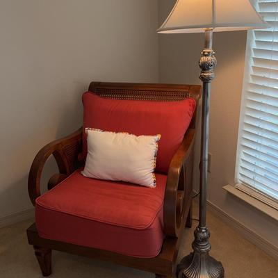 Cane Chair With Cushions And Floor Lamp