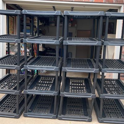 4 Black Plastic Storage Shelves 23”deep X 71”high X 35” Wide