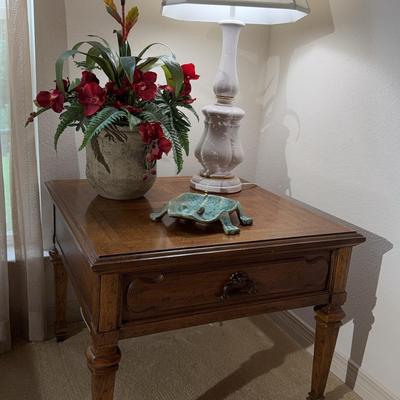 Mid Century Wood Side Table With Drawer, White Lamp, Frog Stoneware Dish And Faux Plant