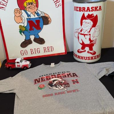 Nebraska Cornhusker’s Plastic Sign, Trash Can, Vintage Tailgate Pick Up, 2002 L Rose Bowl Shirt
