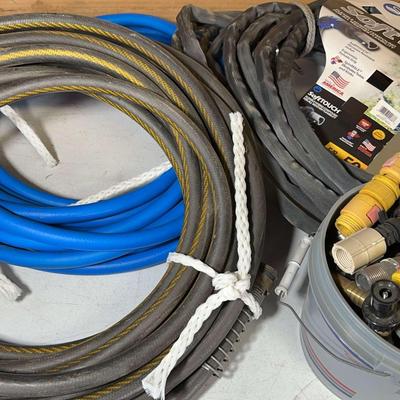 Garden Hoses & Bucket Of Nozzles & Connectors 