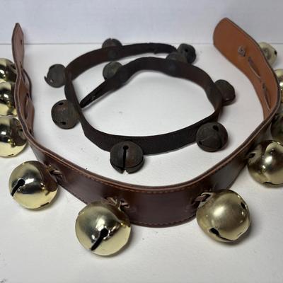 9 Antique Sleigh Bells Pat Oct 24, 76 & May 14, 78 On Leather Strap & 10 Modern Brass Bells