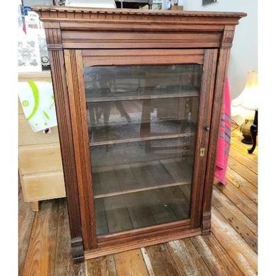 Dark Wood Eastlake Style Glass Front Cabinet 