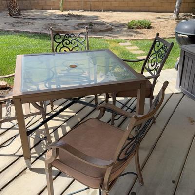 Patio Dining Set | 42" Square Glass-Top Table & 6 Chairs with Scrollwork Backs