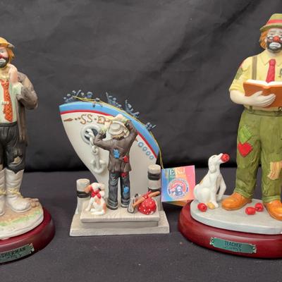 Lot of 3 Emmett Kelly Jr. Clown Figurines | Flambro Collection | Fisherman, Teacher & Dock Scene