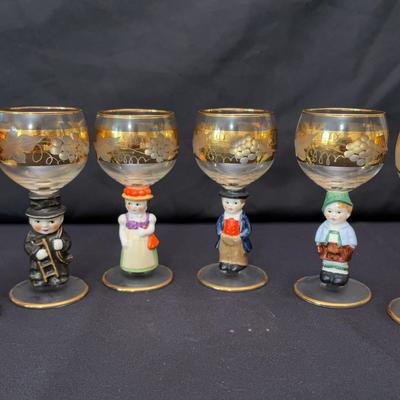 Set of 6 Figural Stemmed Liqueur Glasses – Gold Grape Etching & European Folk Characters