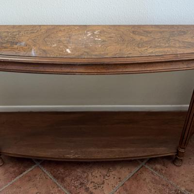 Regency Style Console Table – Carved Wood with Inlay Top and Lower Shelf