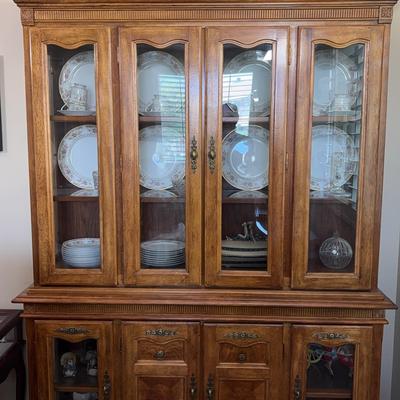 Traditional Light Wood China Cabinet | Glass Doors, Brass Hardware & Display Lighting