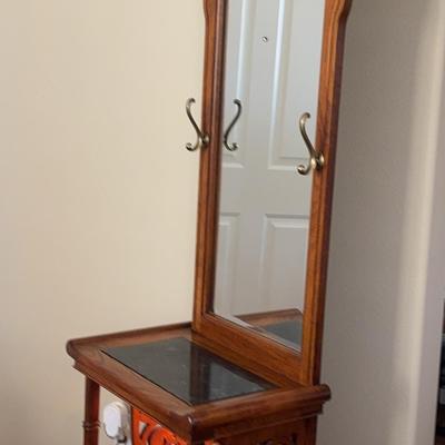 Solid Oak Hall Tree with Mirror – Granite Top, Carved Panels & Built-In Lighting