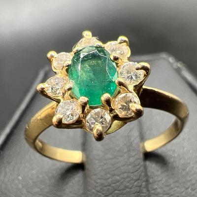 Sparkling Green 14 Karat Plumb Gold Ring with Diamonds — Size 5.75