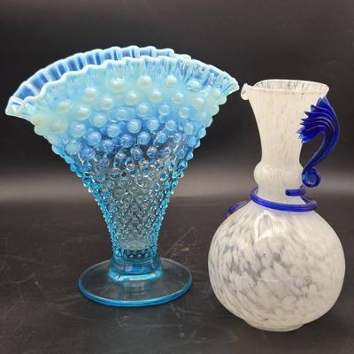 Fenton Blue Opalescent Hobnail & Art Glass Vase